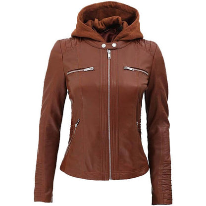 Women’s Brown Cafe Racer Leather Jacket with Detachable Hood – Avanzar Leather