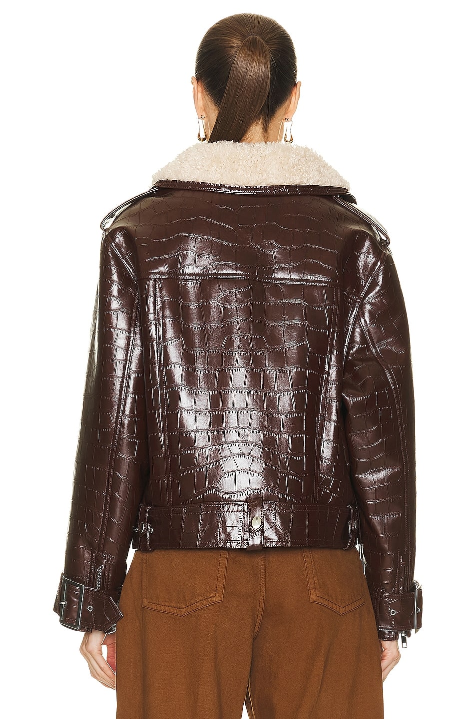 Women's Dark Brown Crocodile-Textured Shearling Leather Biker Jacket