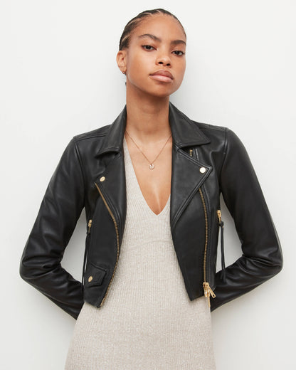 Women's Black Cropped Biker Leather Jacket