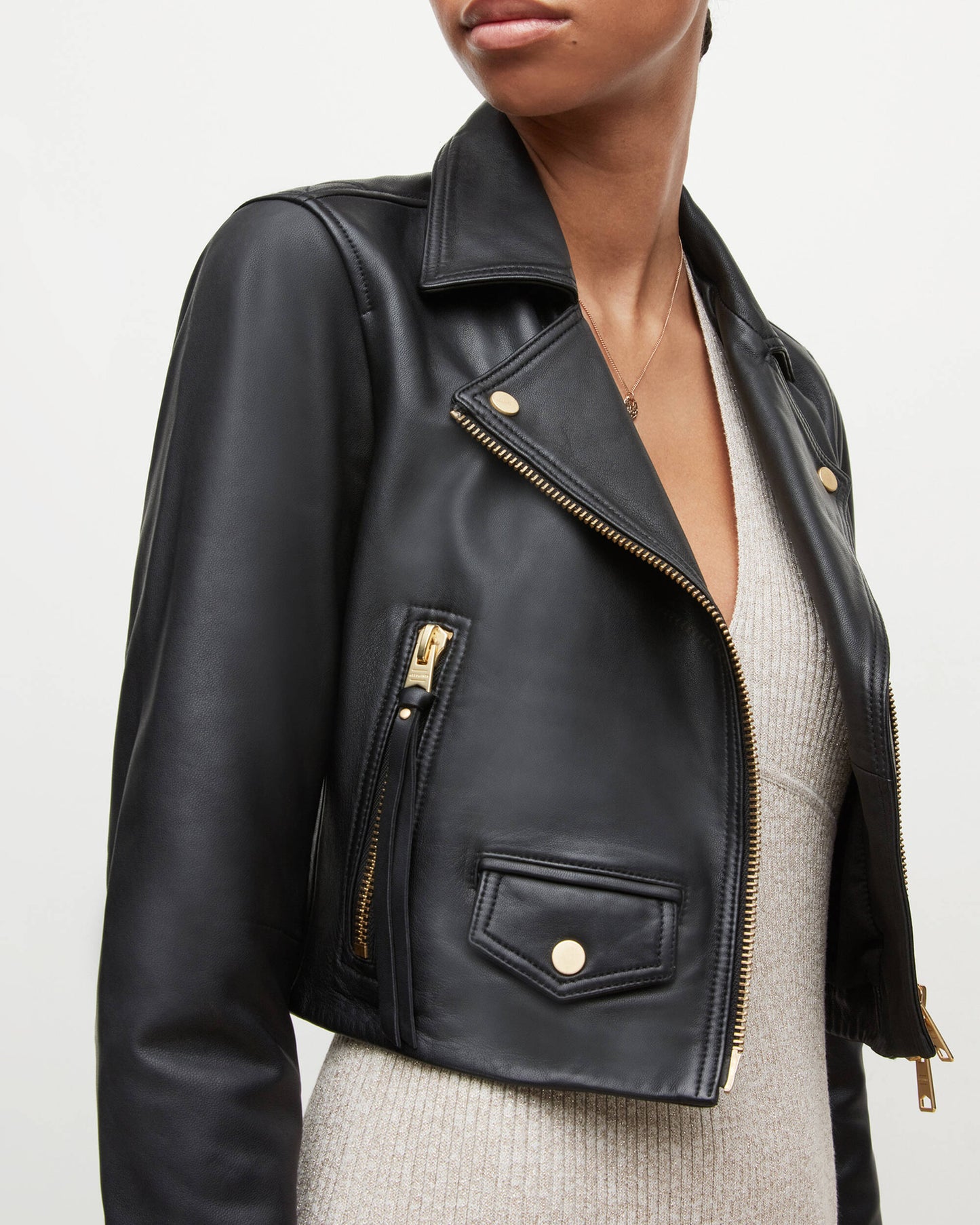 Women's Black Cropped Biker Leather Jacket