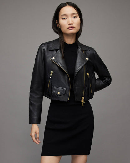 Women's Black Cropped Leather Biker Jacket