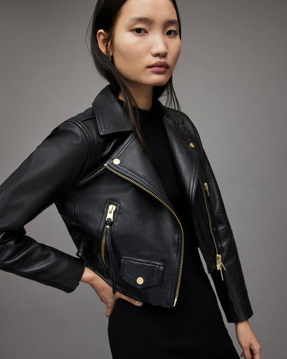 Women's Black Cropped Leather Biker Jacket