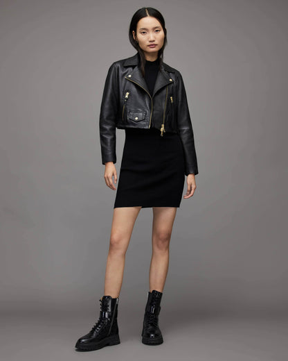 Women's Black Cropped Leather Biker Jacket