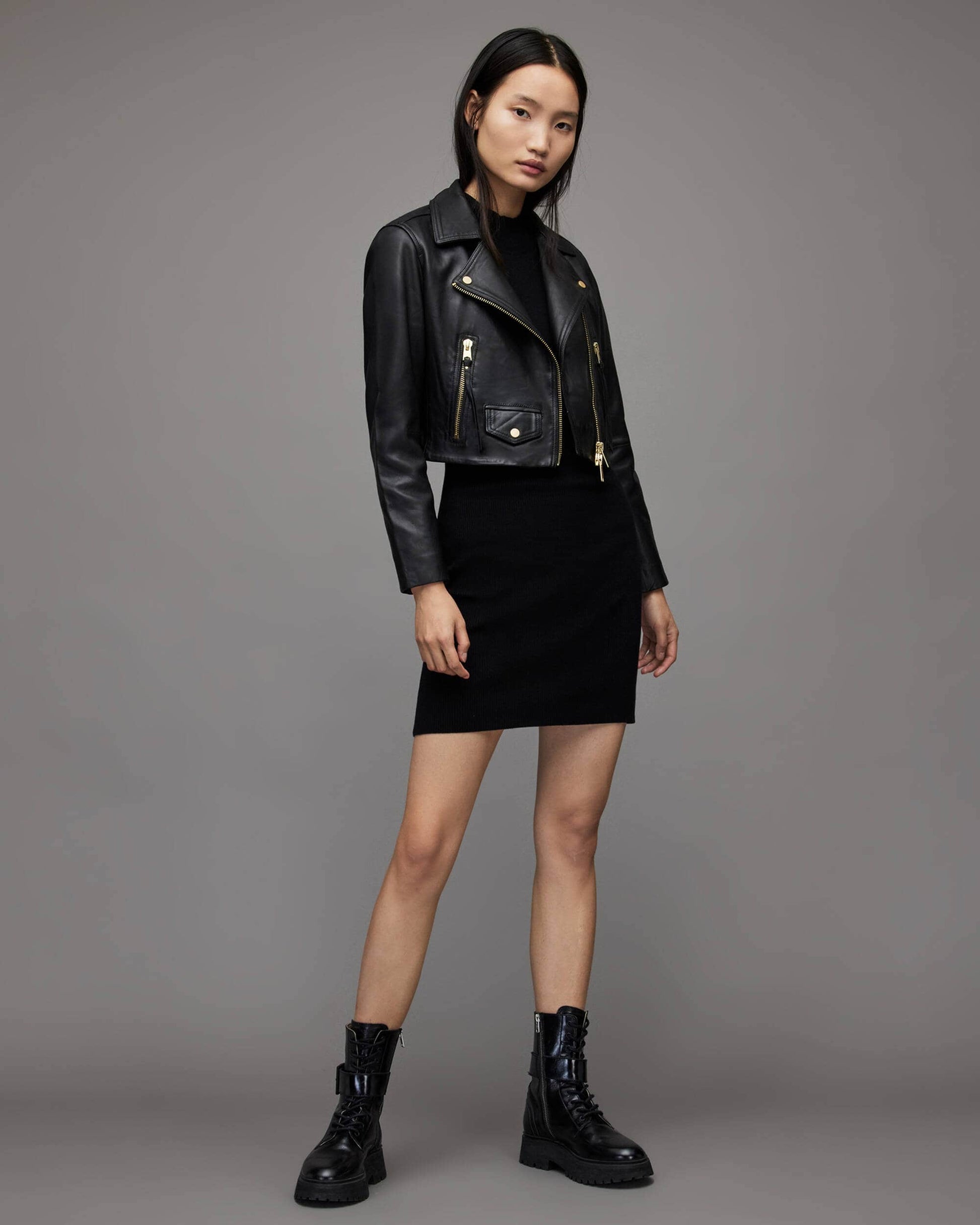 Women's Black Cropped Leather Biker Jacket