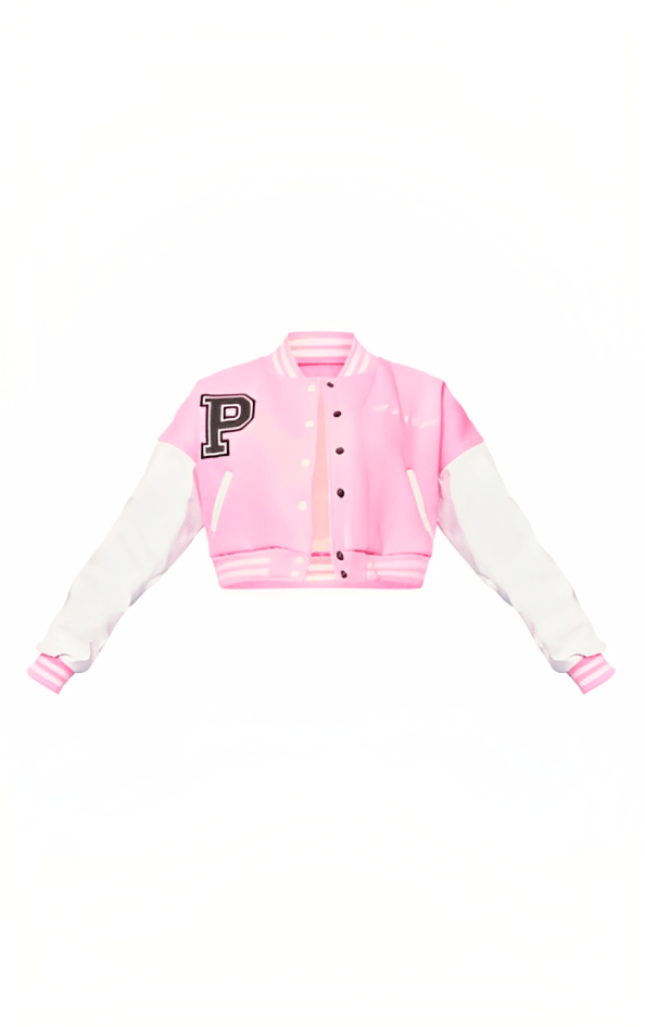 Women's Pink Cropped Varsity Bomber Leather Jacket