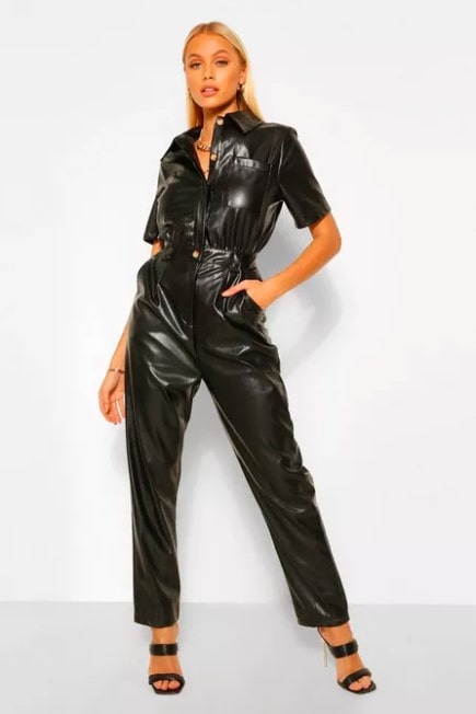 Sophisticated Black Women's Half Sleeves Leather Jumpsuit