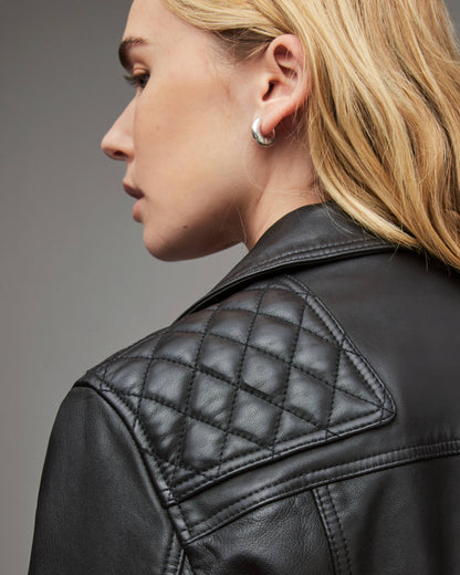 Women's Black Leather Biker Jacket with Quilted Shoulders