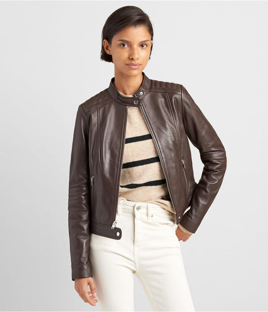 Women’s Leather Biker Jacket in Chocolate Brown