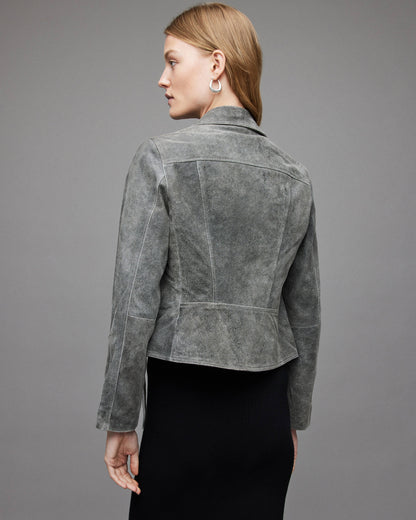 Women's Gray Suede Leather Biker Jacket