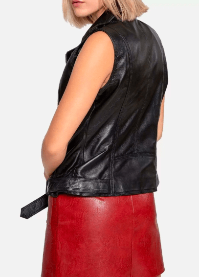 Women's Black Leather Biker Vest with Belt