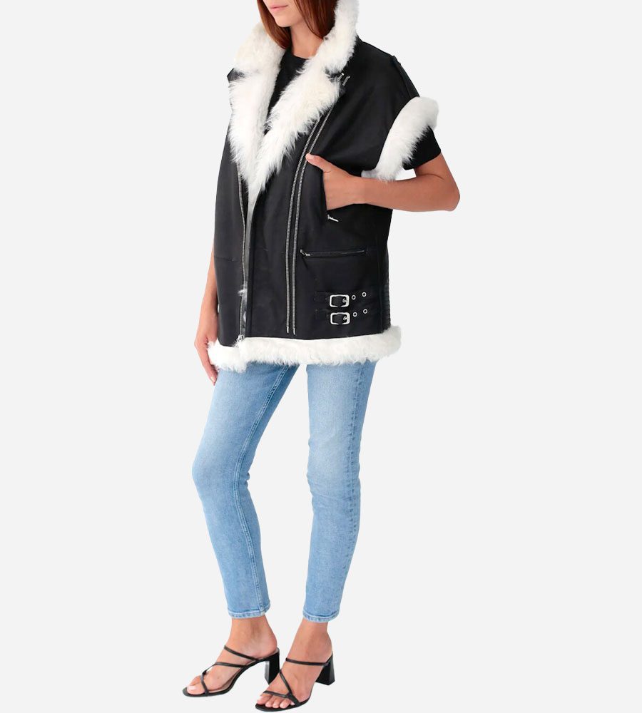 Women's Shearling Leather Biker Vest in Black