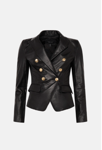 Women's Black Leather Blazer with Golden Buttons