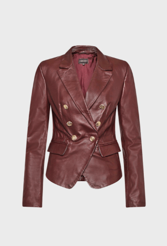 Women's Mahogany Red Leather Blazer with Golden Buttons