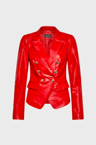 Women's Red Leather Blazer with Golden Buttons