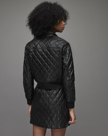 Women's Black Quilted Leather Bomber Jacket