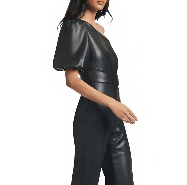 Elegant Black Women's Leather Jumpsuit with Flared Shoulders