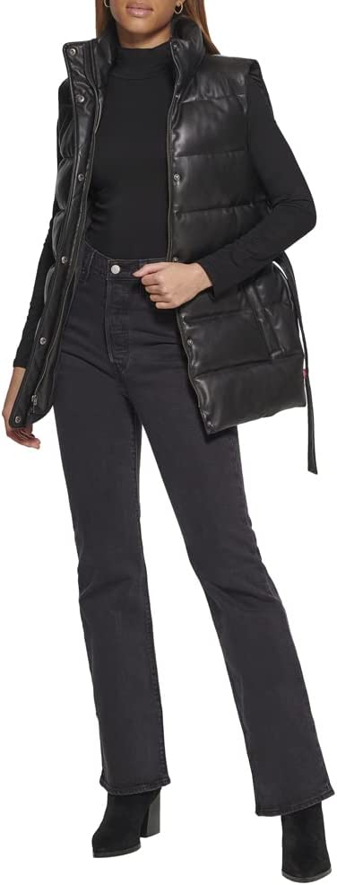 Women's Black Puffer Leather Vest with Belt