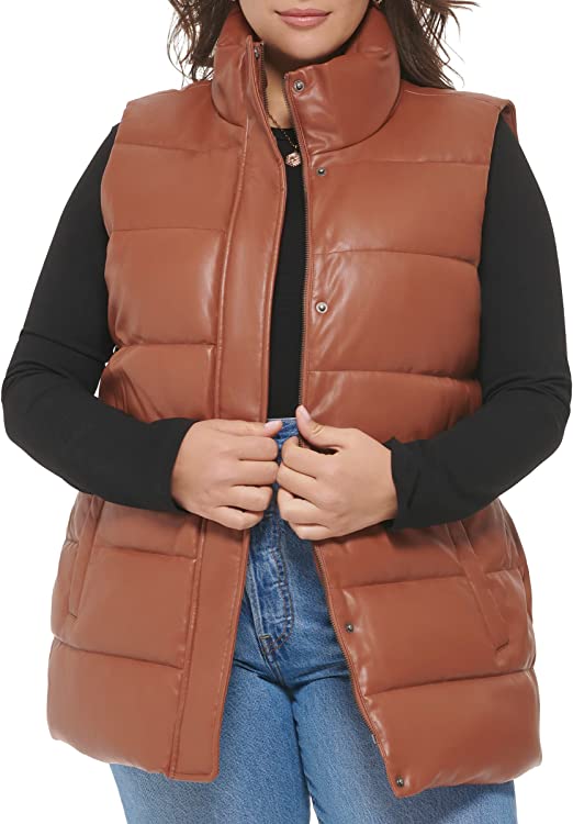 Women's Chocolate Brown Puffer Leather Vest with Belt