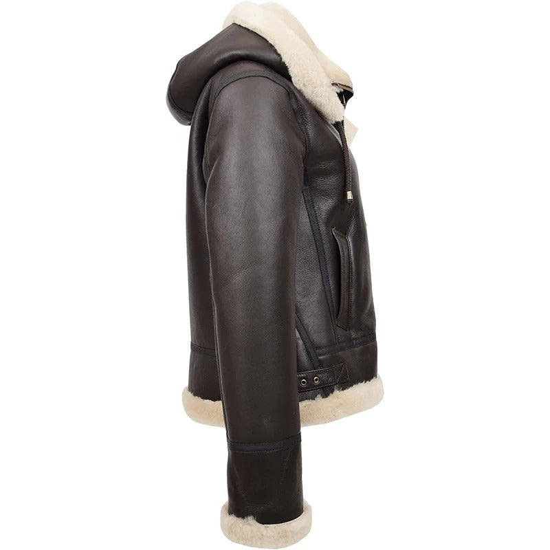 Women’s Brown Shearling Aviator Jacket with Hood | Avanzar Leather