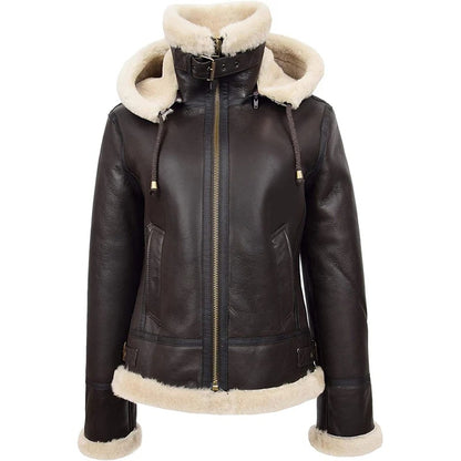 Women’s Brown Shearling Aviator Jacket with Hood | Avanzar Leather