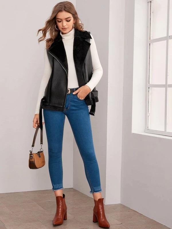 Women's Black Shearling Biker Leather Vest