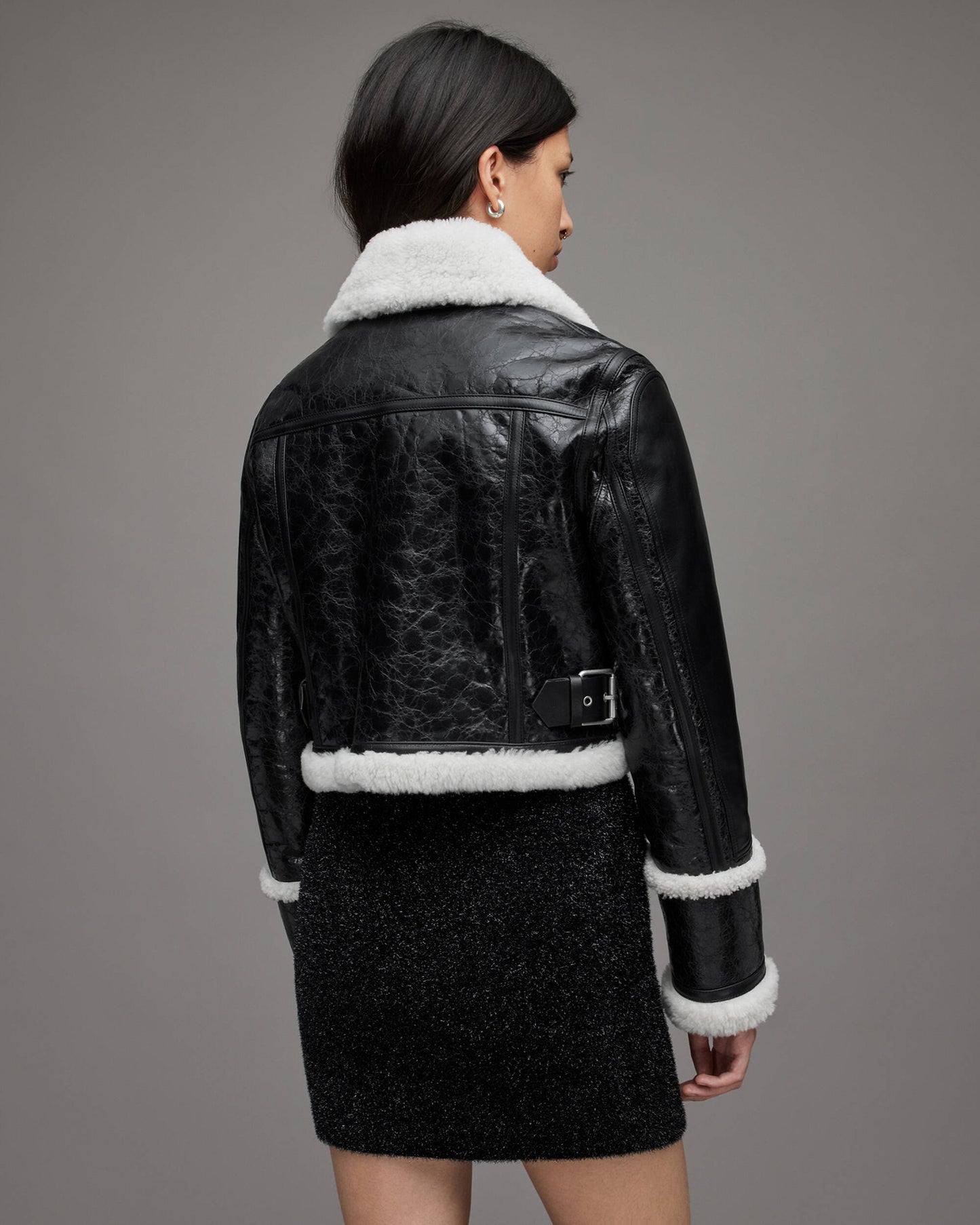 Women's Black Crackle Texture Shearling Leather Jacket - Edgy and Warm