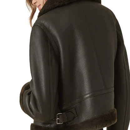 Women's Black Sheepskin Aviator Leather Jacket - Classic and Warm