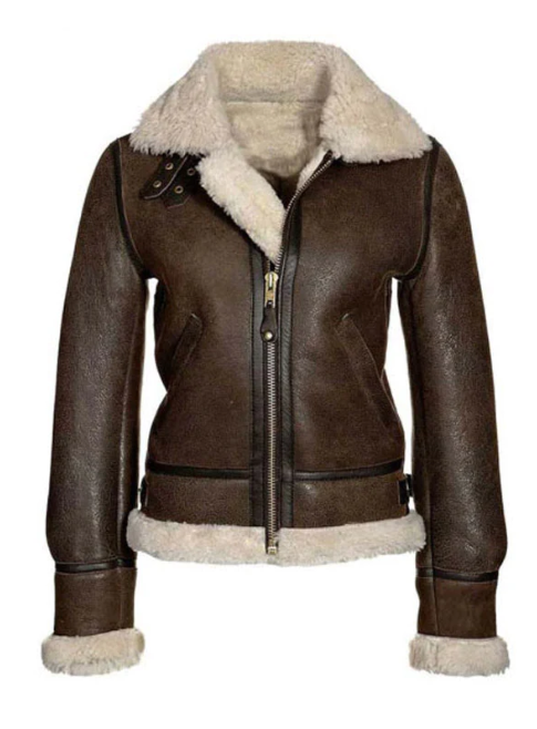 Women's Dark Brown Sheepskin Fur Bomber Leather Jacket