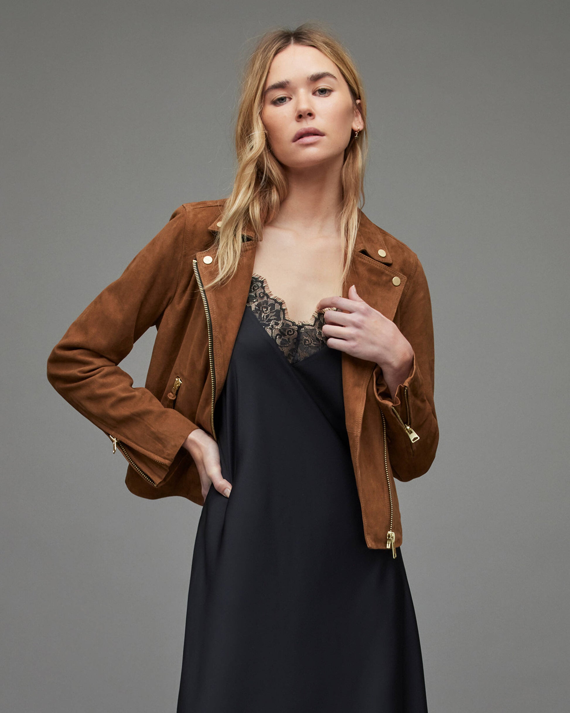 Women's Tan Brown Suede Leather Biker Jacket