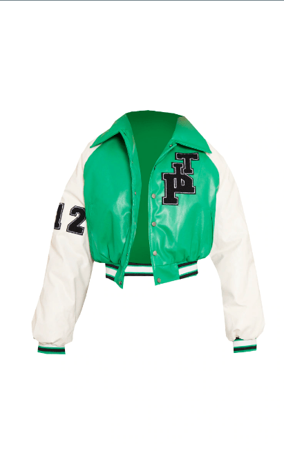 Women's Green Varsity Bomber Leather Jacket with White Sleeves - Classic and Vibrant