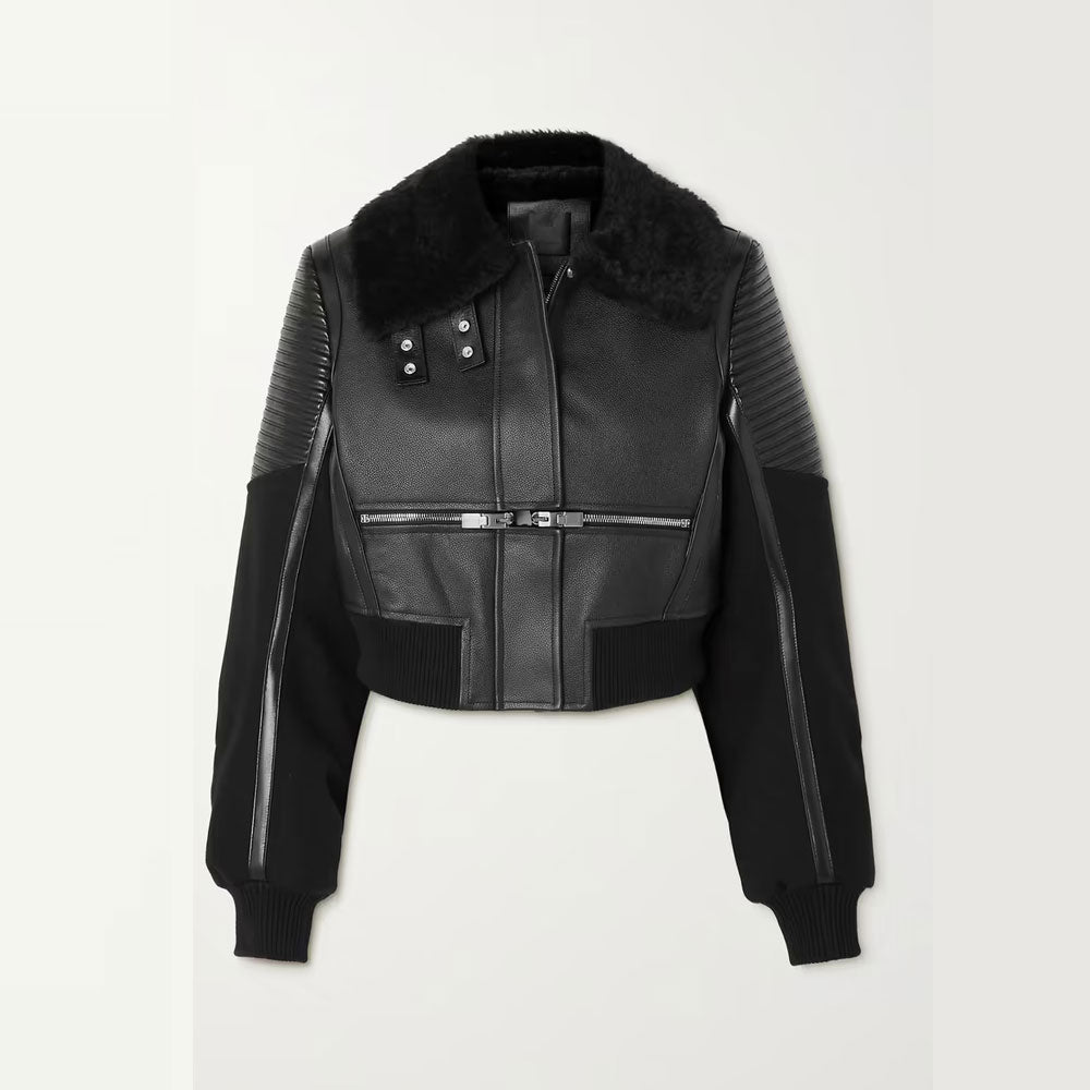 Women's Black Shearling-Trimmed Textured-Leather Bomber Jacket