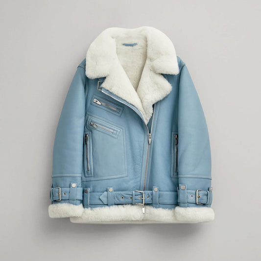 Women’s Light Blue B3 RAF Aviator Styled Sheepskin Shearling Leather Jacket