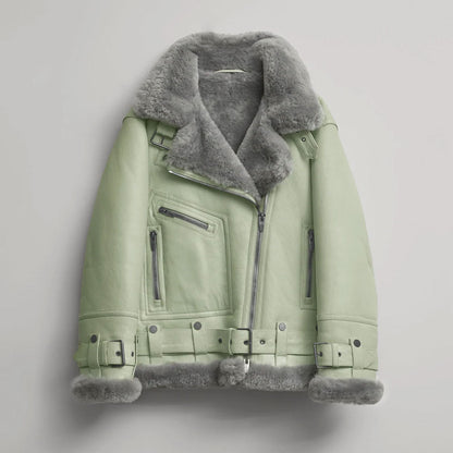 Women’s Green RAF Aviator Styled Sheepskin Shearling Leather Jacket