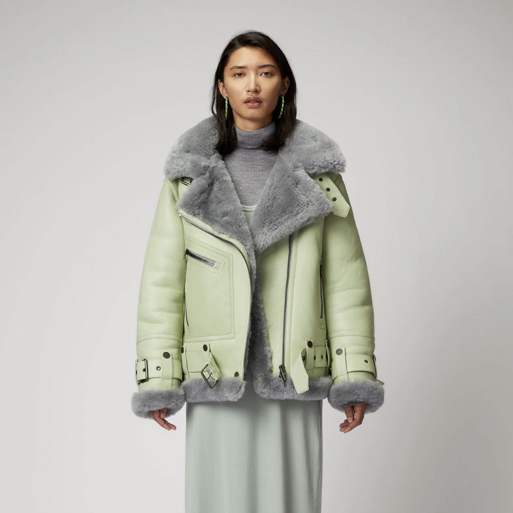 Women’s Green RAF Aviator Styled Sheepskin Shearling Leather Jacket