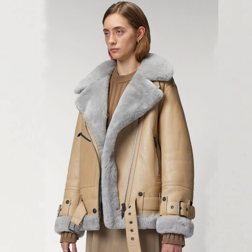 Women’s RAF Aviator Styled Lambskin Shearling Leather Jacket