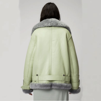 Women’s Green RAF Aviator Styled Sheepskin Shearling Leather Jacket