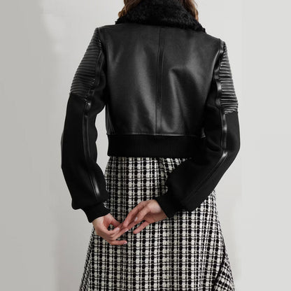 Women's Black Shearling-Trimmed Textured-Leather Bomber Jacket