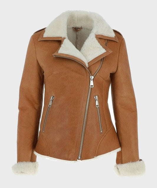 Women's Tan Brown Shearling Leather Jacket