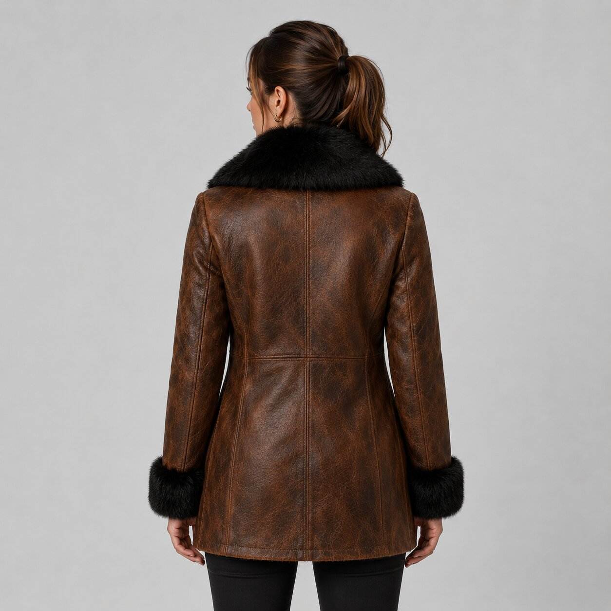Womens Brown Leather Coat With Fur Collar Double Breasted Winter Jacket Genuine Suede Leather Pea Coat Warm back view by avanzar leather