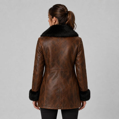Womens Brown Leather Coat With Fur Collar Double Breasted Winter Jacket Genuine Suede Leather Pea Coat Warm back view by avanzar leather