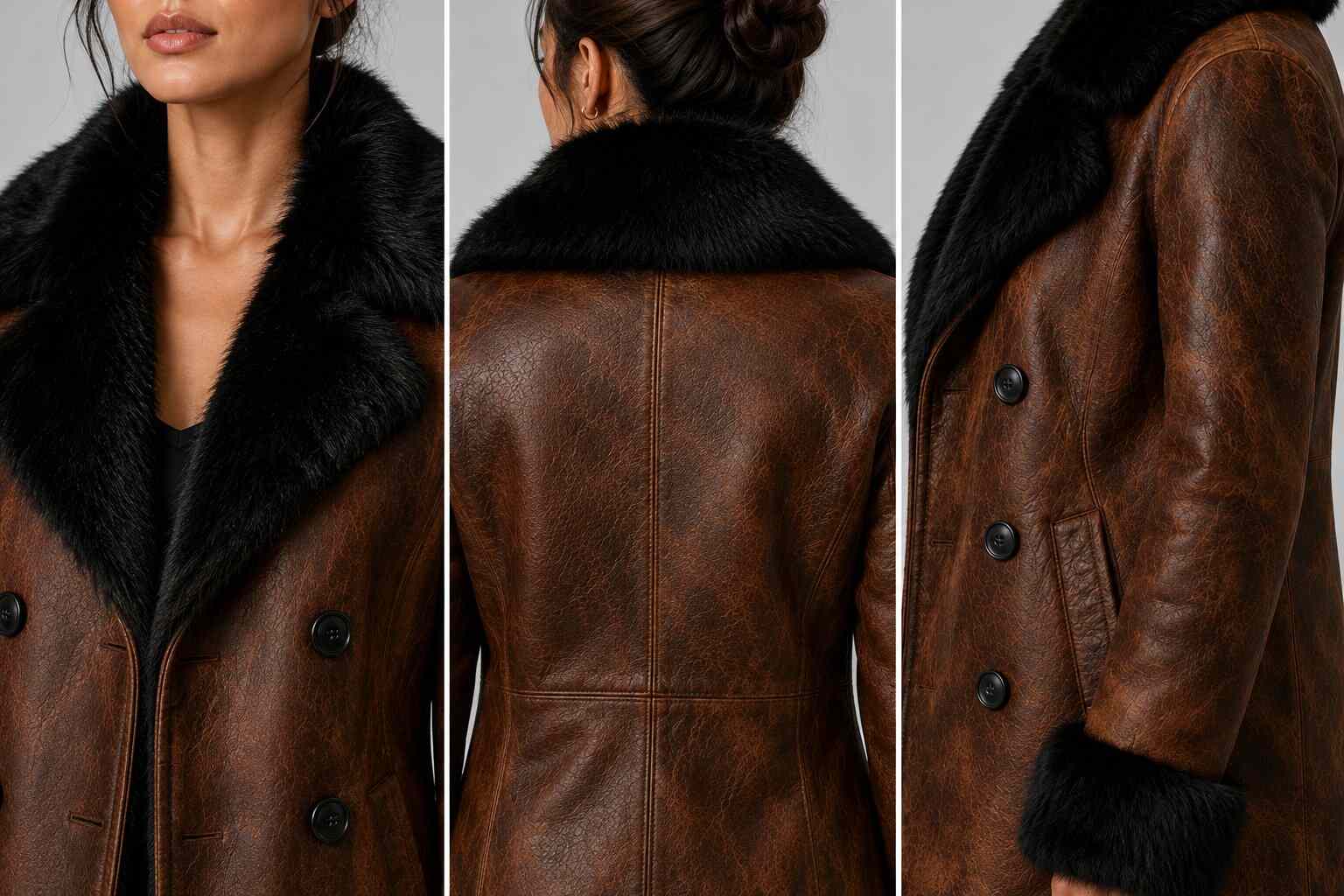 Womens Brown Leather Coat With Fur Collar Double Breasted Winter Jacket Genuine Suede Leather Pea Coat Warm closeup view by avanzar leather