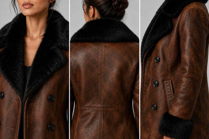 Womens Brown Leather Coat With Fur Collar Double Breasted Winter Jacket Genuine Suede Leather Pea Coat Warm closeup view by avanzar leather