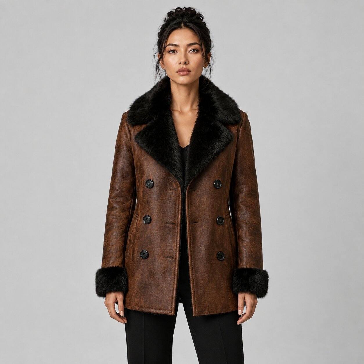 Womens Brown Leather Coat With Fur Collar Double Breasted Winter Jacket Genuine Suede Leather Pea Coat Warm front view by avanzar leather