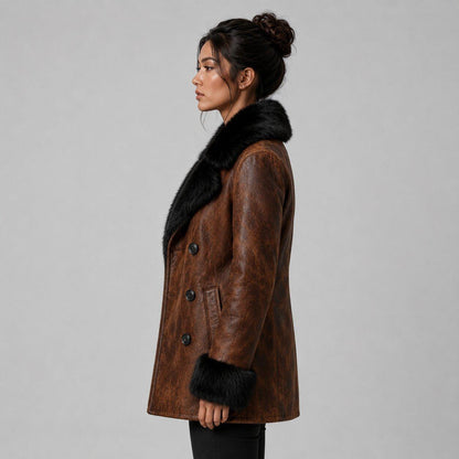 Womens Brown Leather Coat With Fur Collar Double Breasted Winter Jacket Genuine Suede Leather Pea Coat Warm sid view by avanzar leather