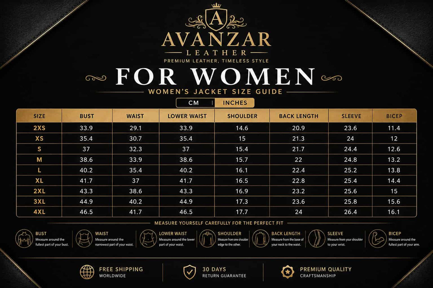 Women size guide by avanzar leather