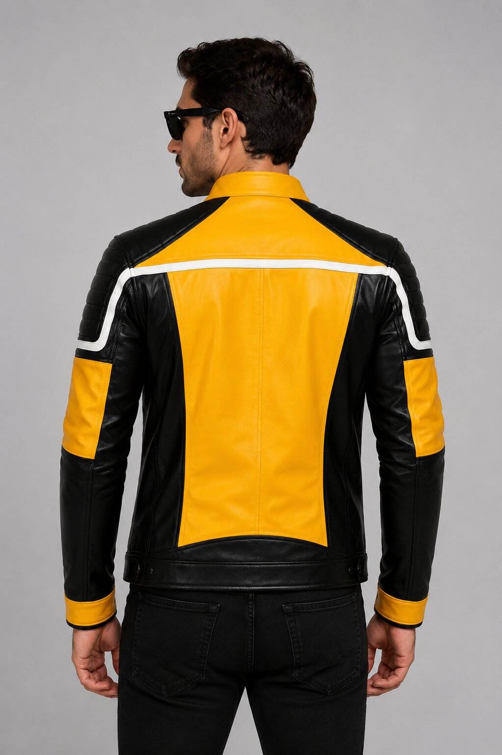 Yellow & Black Leather Motorcycle Jacket | Men's Racing Jacket back view by avanzar leather