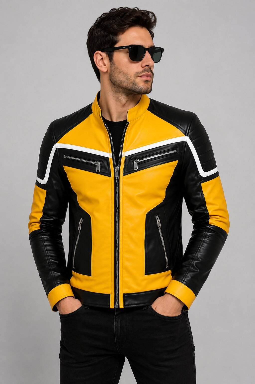 Yellow & Black Leather Motorcycle Jacket | Men's Racing Jacket front view by avanzar leather