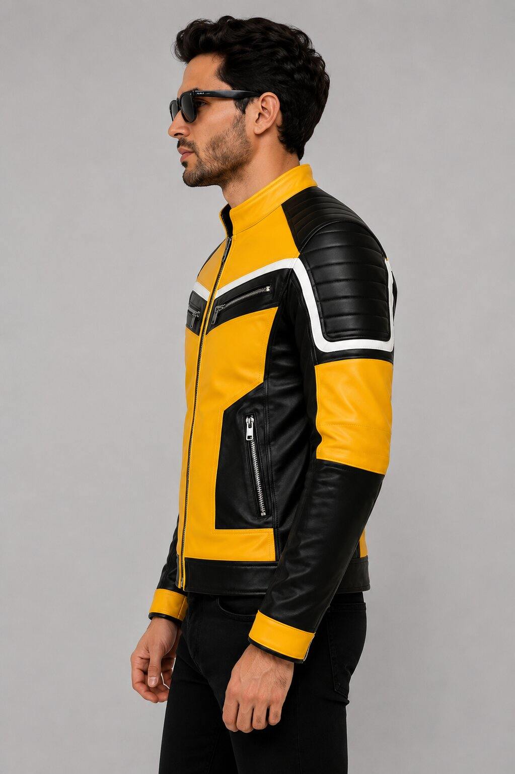 Yellow & Black Leather Motorcycle Jacket | Men's Racing Jacket sid view by avanzar leather