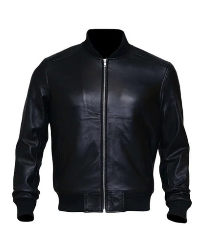 Men’s Classic Black Lambskin Leather Bomber Jacket - Sleek & Timeless