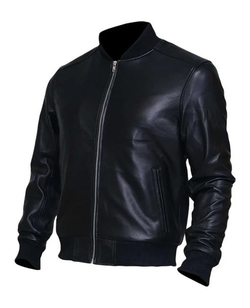 Men’s Classic Black Lambskin Leather Bomber Jacket - Sleek & Timeless